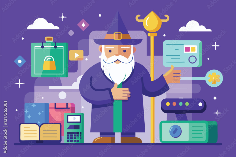 Poster a whimsical wizard character offers guidance in a customizable setup process with various tools and 
