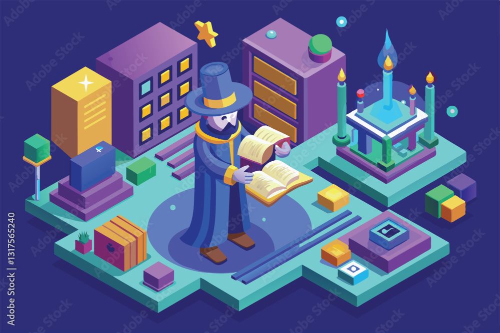 Poster a setup wizard character interacts with an open book in an enchanting, colorful landscape full of ge