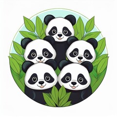 logo badge dessin animaux en groupe, pandas mignons en famille en ia