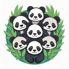 Fototapeta premium logo badge dessin animaux en groupe, pandas mignons en famille en ia