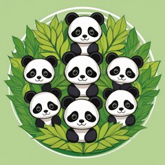logo badge dessin animaux en groupe, pandas mignons en famille en ia