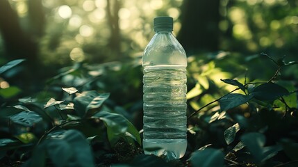 Refreshing Pure Water Bottle in Lush Green Forest Nature Scene Sunlight Hydration Summer Outdoors Plastic Bottle eco view cool tree park wild drink   