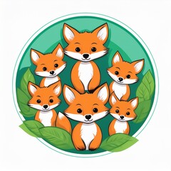 logo badge dessin animaux en groupe, renards mignons en famille en ia