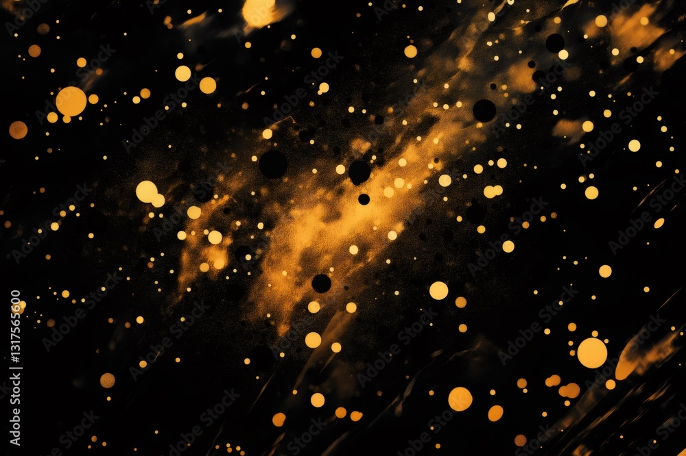 Poster abstract golden splatter pattern with glowing highlights and bokeh effect on black background, creat