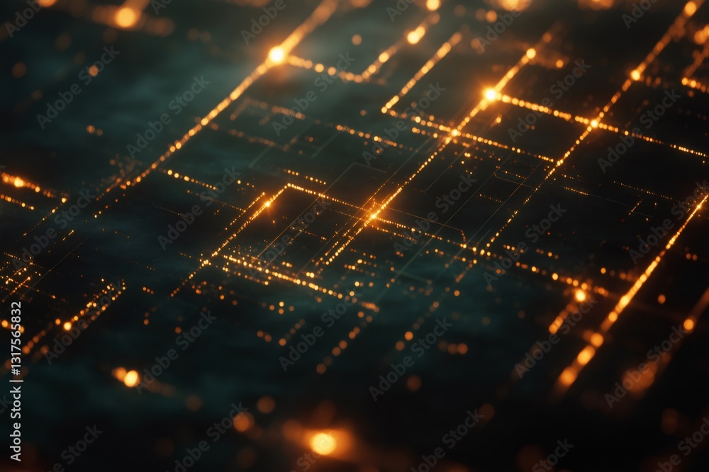 Poster complex holographic grid overlay glowing on dark background forming futuristic technological pattern
