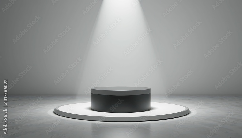 Poster minimalistic display platform with dramatic lighting in studio