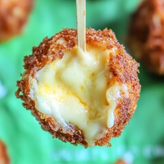 Fried cheesy ball on a stick, revealing melted cheese filling, sits on green