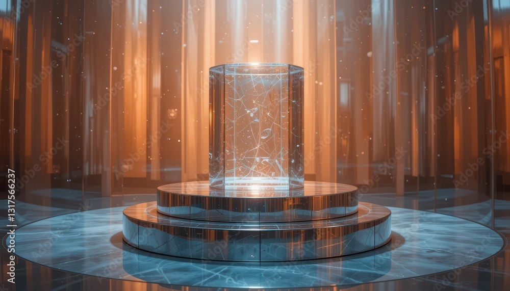 Poster futuristic display pod in a glowing circular space environment