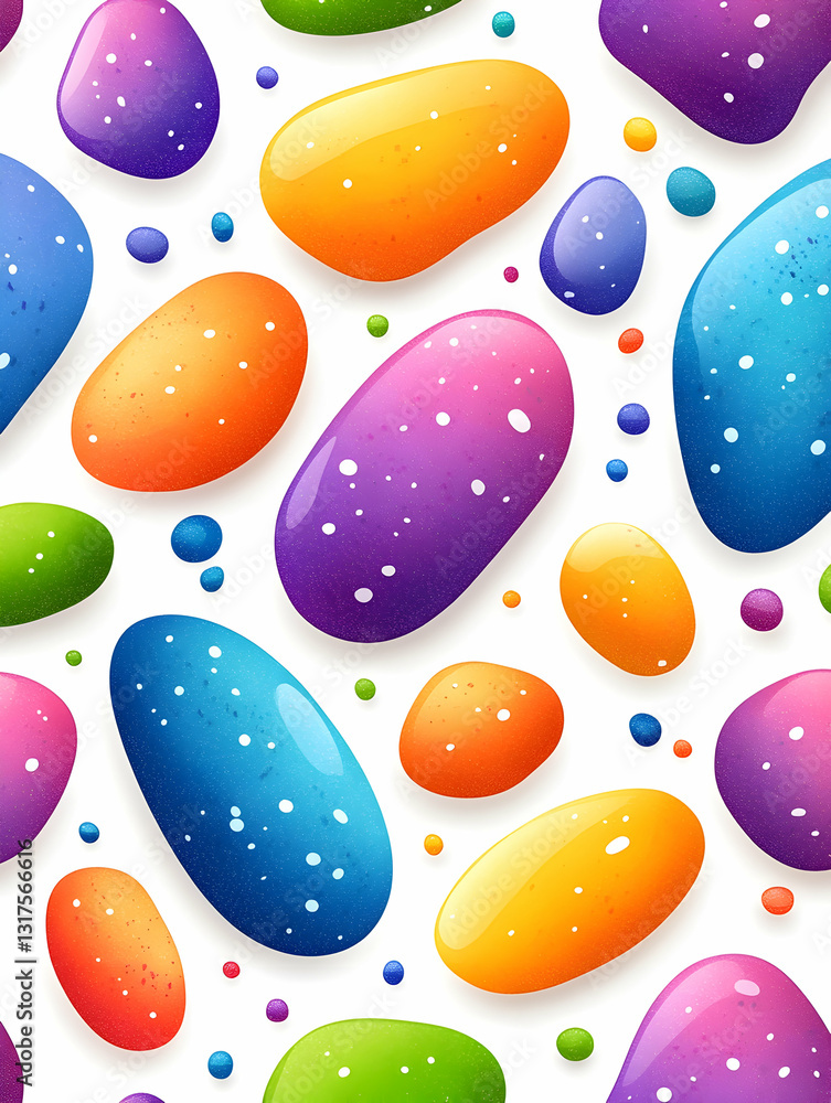 Poster colorful glossy pebble-like shapes scattered on a white background small dots add texture
