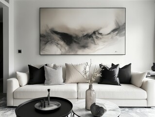 Modern living room interior features a sofa and abstract art