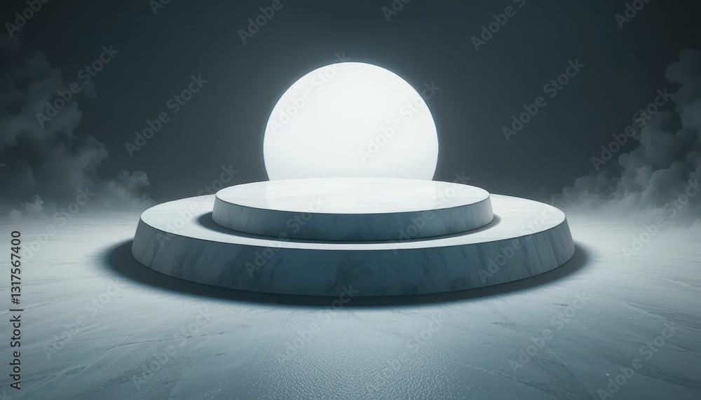 Poster minimalist scene with circular platform and glowing sphere above