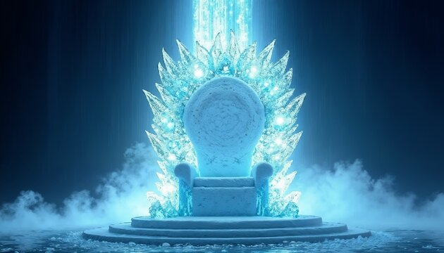 Majestic ice throne with glowing blue crystals and waterfall in a mystical setting.
