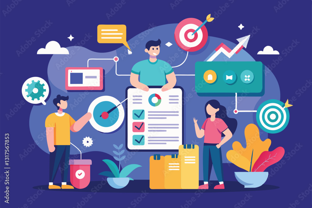 Poster a team collaborates on shared goals using charts and checklists in a customizable digital environmen
