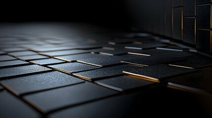 Black tiled surfaces with golden trims and a dark atmospheric background