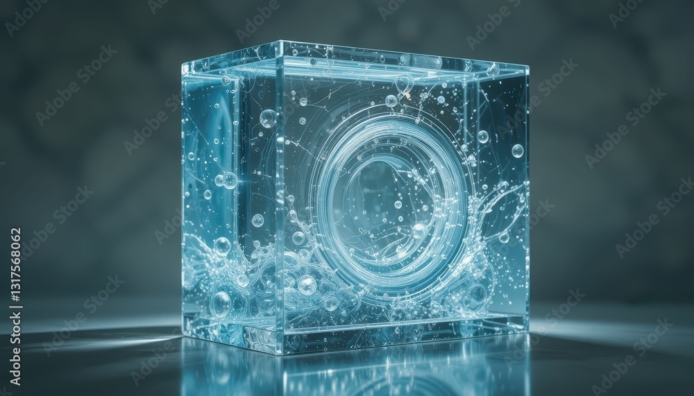 Aufkleber transparent cube with water splash and bubbles in studio setting