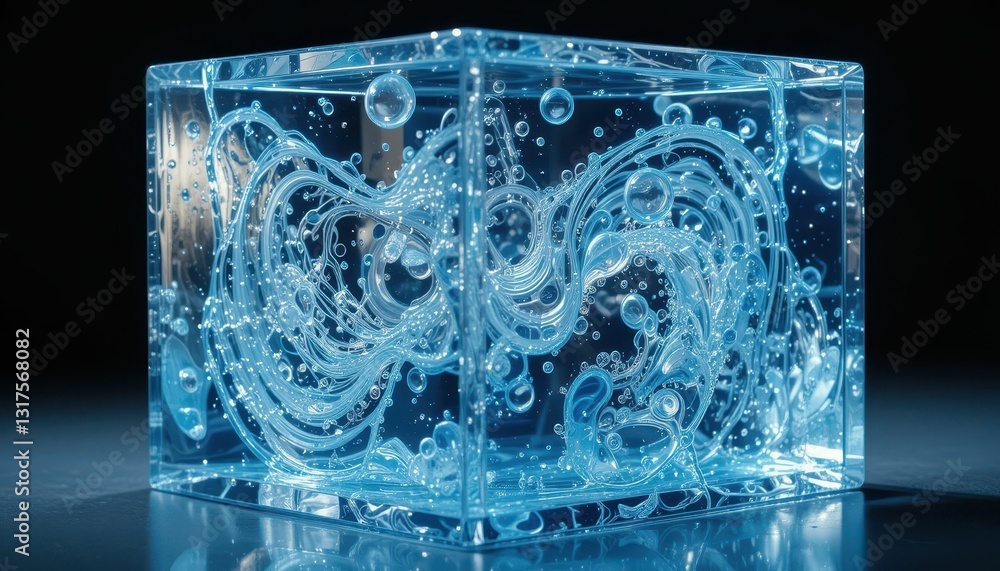 Poster abstract clear cube with blue swirls and bubbles in dark background