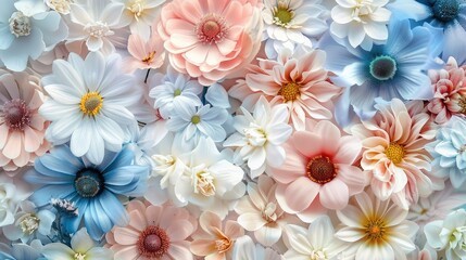 Multi-colored translucent leaves and pastel-colored flowers are superimposed on each other on a soft background, creating a delicate and airy visual effect. The concept of nature.