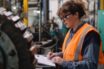 Production manager supervising factory operations while taking notes on staff efficiency and machinery performance
