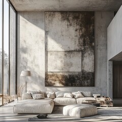 A modern living room with large art and windows