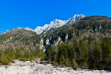 Špik mountain peak rising above Krnica in Julian alps, Gorenjska, Slovenia