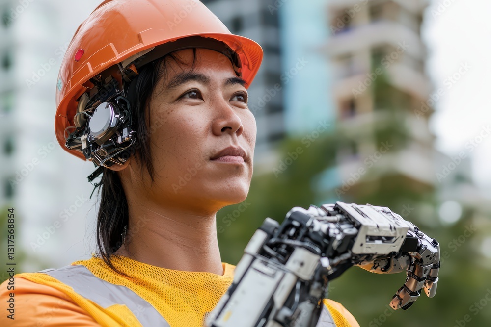 Aufkleber worker in construction site using innovative robotic exoskeleton for enhanced performance