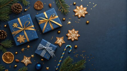 Festive Holiday Themed Scene with Gifts, Decorations, and Cookies, Generative AI