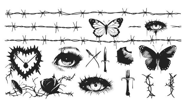 Y2K goth core frames, retro photocopy effect, barbed wire, heart, butterfly, human eye, knife, rose stickers, 2000s style, trendy vector elements, grunge aesthetic, modern illustration.