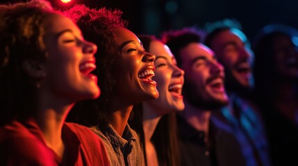 Laughter fills the room as diverse audience enjoys vibrant comedy show under spotlight