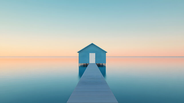 Tranquil house on a pier with soft pastel sky and calm water - Powered by Adobe