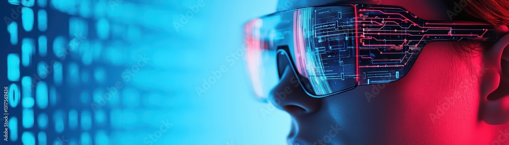Poster futuristic hacker using holographic technology with cyber elements and digital interfaces
