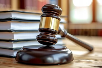 Obraz premium Close-up of a pile of court files with a judge's gavel resting on top