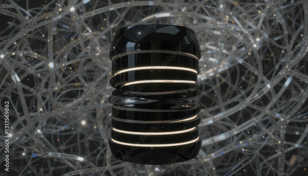 Poster abstract 3d black cylinder with glowing lines in a complex background