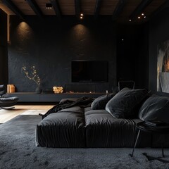 A modern living room features a dark color scheme and comfortable seating