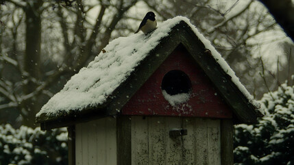 Snowy winter day, bird on snow-covered birdhouse, garden background; perfect for nature, wildlife, or winter themes