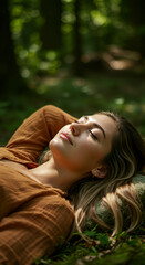 Serene Woman Resting on a Mossy Sunlit Forest Floor, close-up