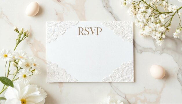 Elegant RSVP card with floral accents on marble background