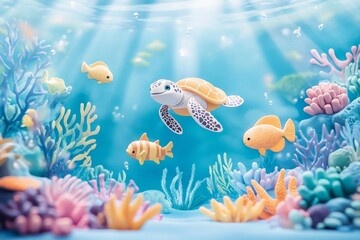 Colorful underwater scene with a turtle and fish amidst vibrant coral and aquatic plants during daylight
