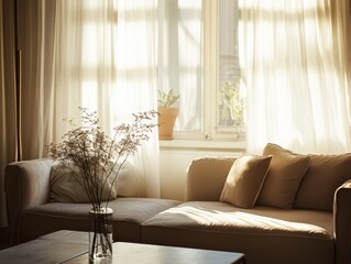 Light streams through a window illuminating an interior living space