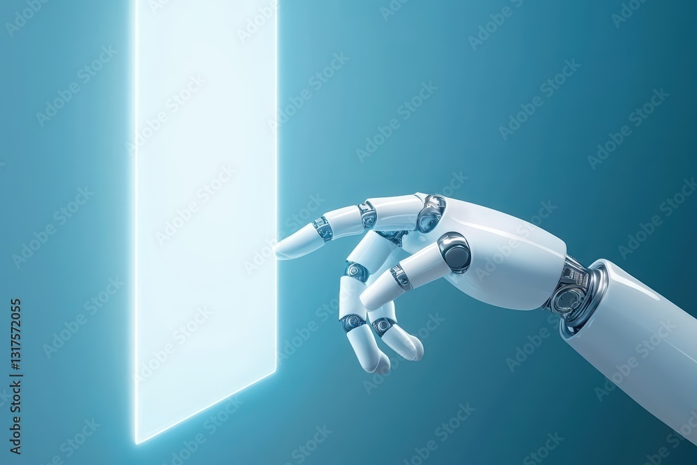 Poster ai powered robot interacting with floating hologram in futuristic technology environment