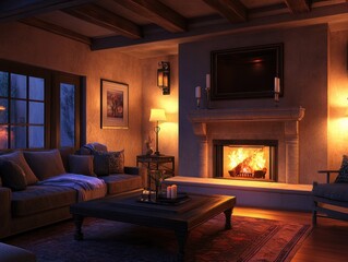 A warm and cozy living room with a fireplace aglow