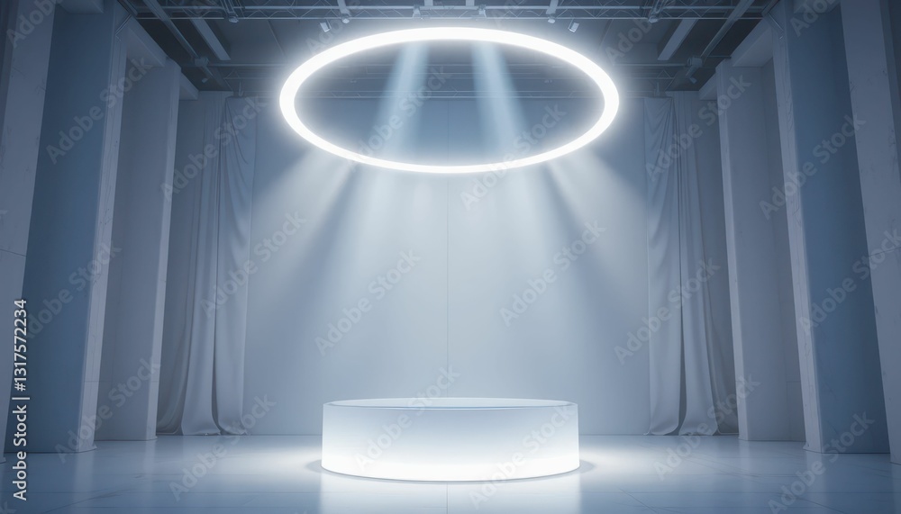 Poster futuristic display space with round halo light and minimalist design
