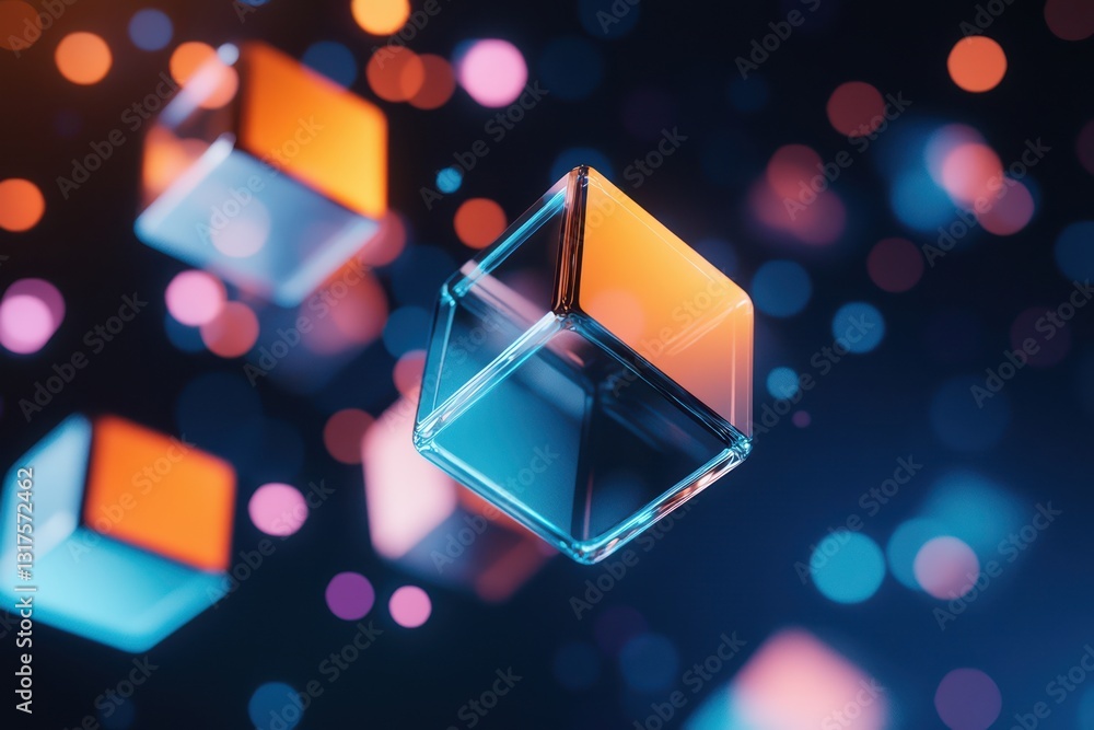 Poster futuristic business networking event with floating holographic cubes and bright bokeh background