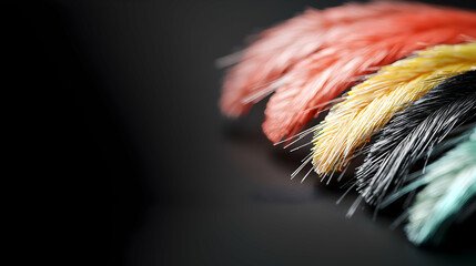 Close up image shows colorful threads with a dark backdrop