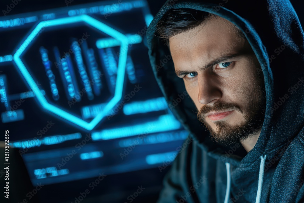 Poster cyber security expert monitoring data with holographic display in dark environment