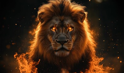 Naklejka premium Fiery lion portrait powerful majestic wild