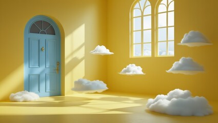 Abstract Yellow Wall with White Clouds and Blue Door, Generative AI