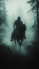 Obraz premium Misty Forest Scene with Silhouette of Horse and Rider at Dusk