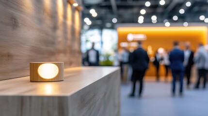 Modern reception desk at corporate event showcasing branding and attendees