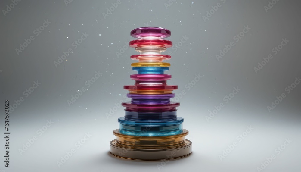 Poster colorful stack of circular disks with gradient lights and background