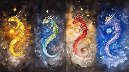 Fototapeta premium Colorful Dragon Illustrations: Manifest Creation with Vibrant Watercolor Styles and Intricate Designs